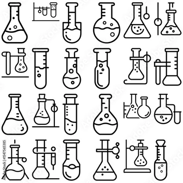 Fototapeta Collection of various laboratory glassware including flasks and test tubes in a black and white style