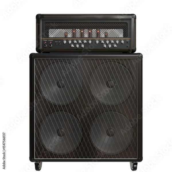 Fototapeta A dark-grey guitar amplifier stack, featuring a head unit with vacuum tubes atop a 4x12 cabinet with angled speaker grilles and casters.  The head displays indicator lights
