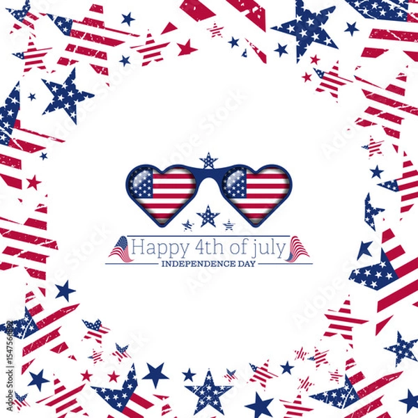 Fototapeta Abstract 3d usa flag frame, heart shape glasses with american flag, independence day text vector illustration. Usa freedom flag glasses to use for 4th july independence day, memorial day projects. 
