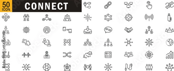 Obraz Connect editable outline icon set. Communication network social link team collaboration data exchange interaction people.
