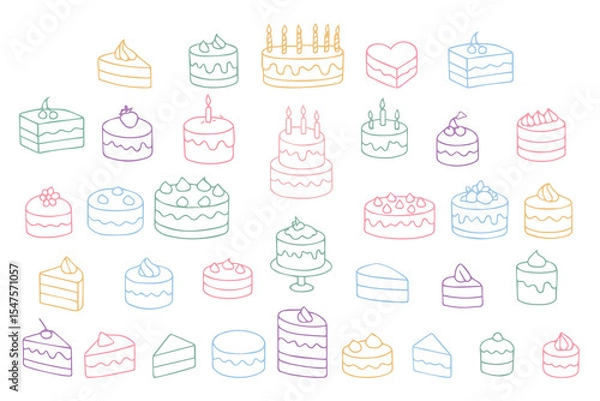 Fototapeta Hand drawn cakes, cupcakes. Doodle style. Bright colorful trendy designs for International Cake Day and Birthday. Vector illustration on white background. Vector 
