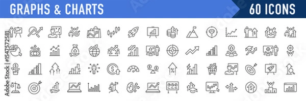 Fototapeta Graph and Charts web icons in line style. Graphics, infographic, statistics, data, diagrams, economy reduction, finance, down or up arrow, business, increase, decrease. Vector illustration.