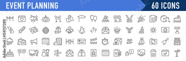 Obraz Event planning web icons in line style. Management, catering, registration, wedding, coordination, entertainment, invitations, logistics,  collection. Vector illustration.