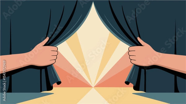 Fototapeta hands pulling open stage curtains to reveal bright light, vector illustration for unveiling new perspective, grand opening and discovery announcement