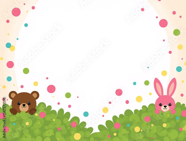 Fototapeta A heartwarming watercolor illustration of a brown bear and a cream rabbit sitting in a flower field, Cute cartoon animals enjoying sweets in a garden setting, featuring a bear, a rabbit. Generative ai