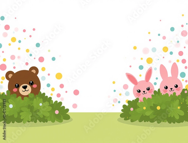 Fototapeta A heartwarming watercolor illustration of a brown bear and a cream rabbit sitting in a flower field, Cute cartoon animals enjoying sweets in a garden setting, featuring a bear, a rabbit. Generative ai