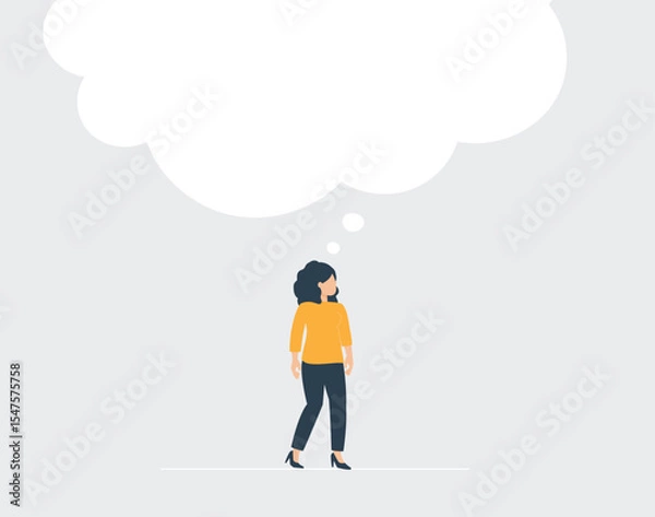 Fototapeta Illustration of a businesswoman who thinks big. Woman with large speech bubble, creative business ideas and imagination. Concept of innovation, communication and women empowerment. Vector illustration