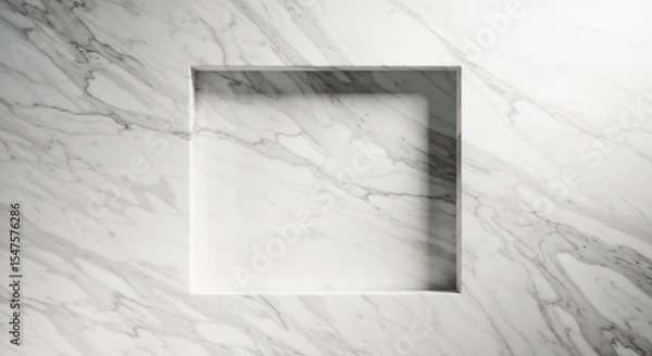 Fototapeta Overhead shot of a square recess in a white marble surface with gray veining and a subtle light shadow