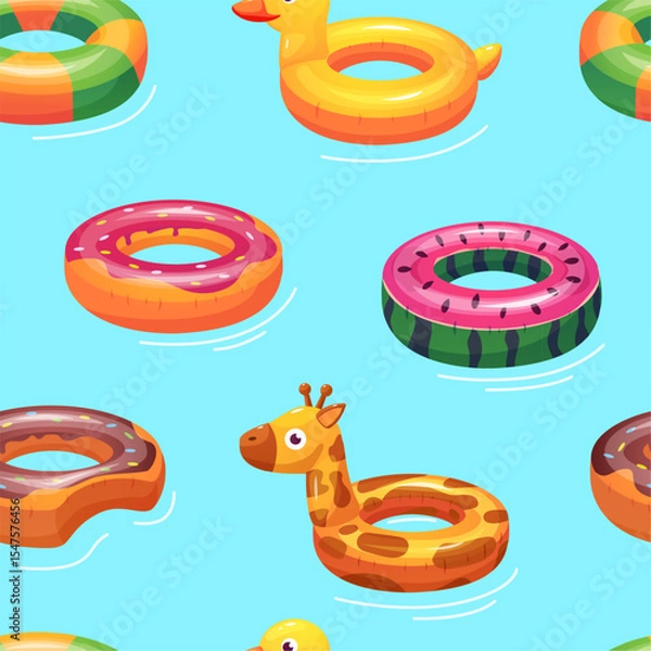 Fototapeta Rubber rings seamless pattern. Summer beach accessories, inflatable circles different shapes. Bright print for fabric wrapping wallpaper, nowaday vector background