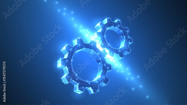 Fototapeta Gears. Abstract vector wireframe two gear 3d modern illustration on dark blue background.