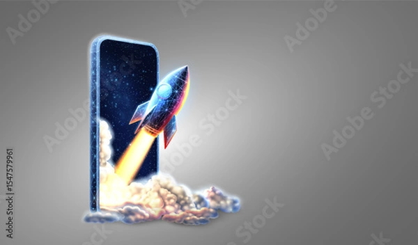 Fototapeta Digital rocket launch and phone. Application startup, new project, fast tech