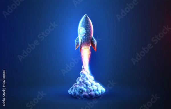 Fototapeta Digital rocket launch. Application startup, new project, fast tech, marketing solution