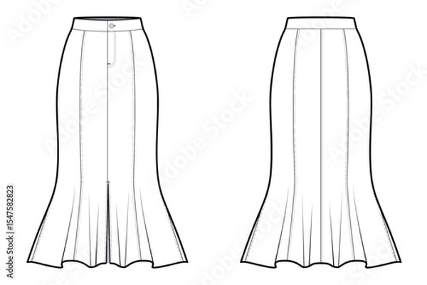 Fototapeta Flared Maxi Skirt with Front Center Slit-  Front and Back View- Fashion Technical Illustration - Denim Skirt CAD Mock-up