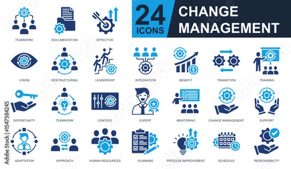 Obraz Change Management Icons set vector illustration. Containing teamwork, integration, human resources, mentoring, opportunity and more. Simple solid icons collection.