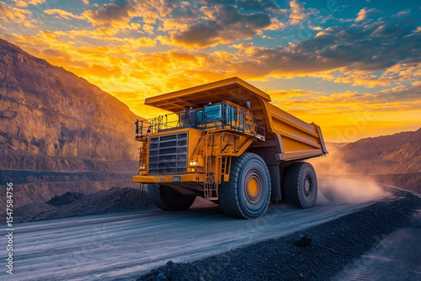 Fototapeta Giant yellow mining truck hauling gold ore in open pit mine, perfect for mining industry visuals