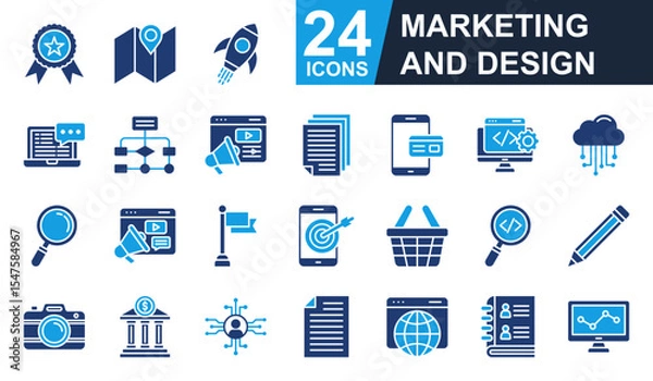 Obraz Marketing and Design Icons set vector illustration. Containing Badge, advertising, web development, cloud computing, photography and more. Simple solid icons collection.