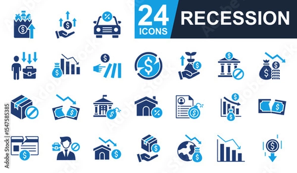 Obraz Recession Icons set vector illustration. Containing grocery, inflation, job loss, domino effect, economic crisis and more. Simple solid icons collection.