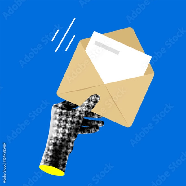 Fototapeta Halftone hand holding envelope with letter. Receive email, message. Concept of communication, chats. Send a newsletter, invitation. Modern collage