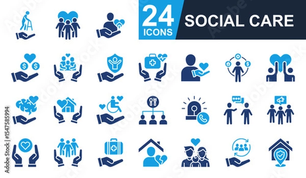 Obraz Social care Icons set vector illustration. Containing elderly care, community, donation, family support, volunteer and more. Simple solid icons collection.