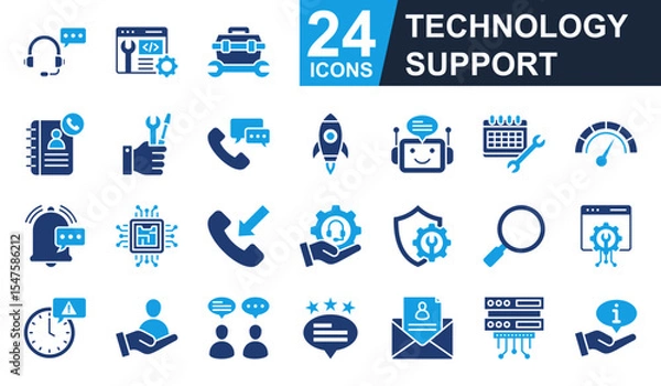 Obraz Technology support Icons set vector illustration. Containing call center, contact book, bot chat, maintenance support, information and more. Simple solid icons collection.