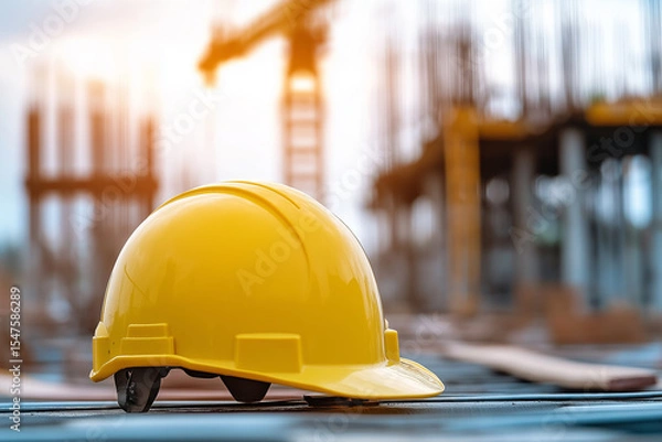 Fototapeta Hard hat at job site with construction worker in background representing safety first on site