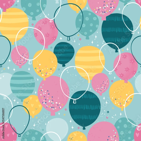 Obraz Fun hand drawn party seamless design with fun balloons. Great for birthday parties, textiles, banners, wallpapers, wrapping - vector design