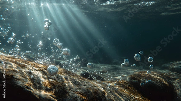 Fototapeta Underwater scene with bubbles and sunlight filtering through