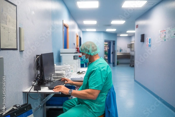 Fototapeta Surgeon working on computer in hospital corridor