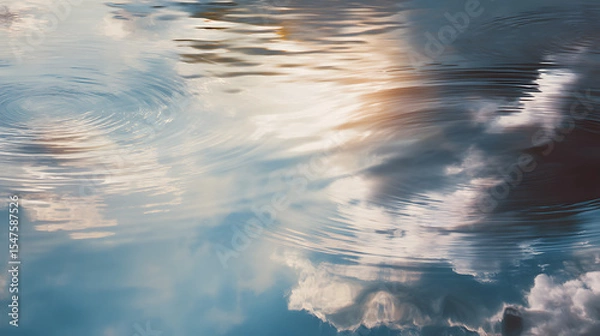 Fototapeta Water surface reflecting sky and clouds, peaceful tones