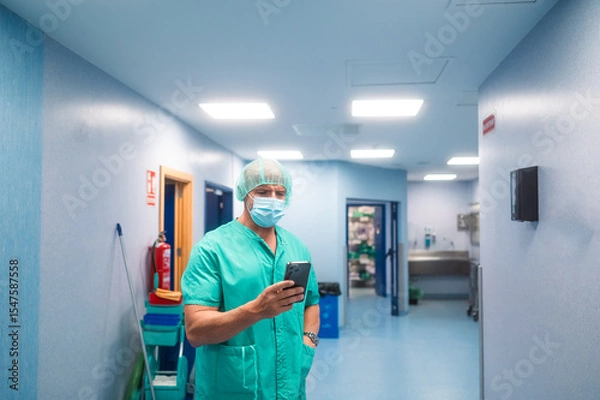 Fototapeta Surgeon using smartphone in hospital corridor