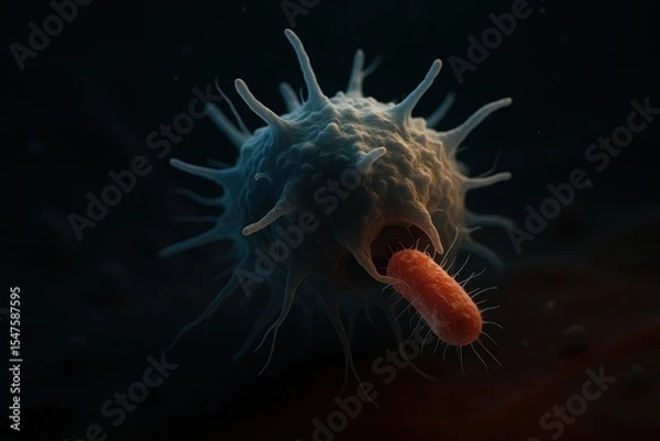 Obraz Microscopic View of Virus and Bacteria Interaction in Dark Environment