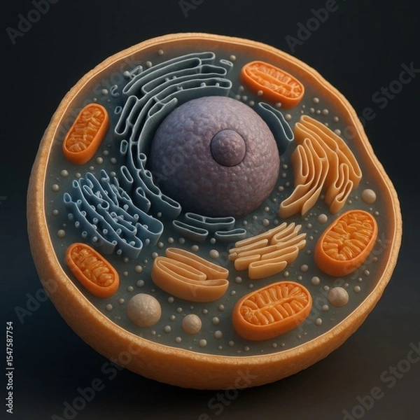 Obraz Detailed 3D Illustration of a Human Cell Structure with Organelles on Dark Background