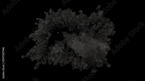 Fototapeta Isolated large and wispy ring shaped cloud of dark smoke with holes in center on a black background