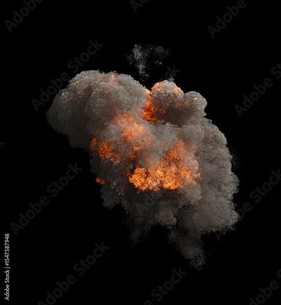 Fototapeta Isolated Large explosion with flames at its core and surrounded by thick and billowing dark smoke on a black background