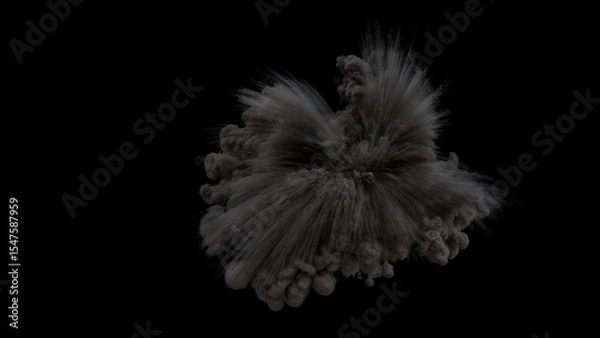 Fototapeta Powerful explosion with a large cloud of dark smoke billowing outwards with many debris dust trails on a black background