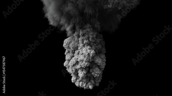 Fototapeta Isolated Large and tall gray smoke plume which is voluminous and thick indicating a powerful blast like a volcano explosion on a black background