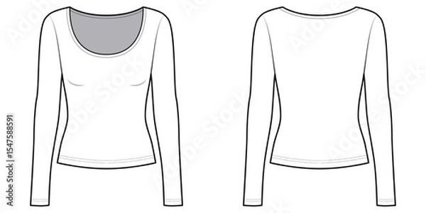 Fototapeta Women's Round Neck Long Sleeve Slim Fit Wide Neckline- Technical Illustration-Front and Back View- Cad/ Vector Illustration