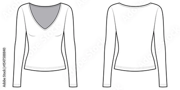 Fototapeta Women's V Neck Slim Fit Long Sleeve - Technical Illustration-Front and Back View- Cad/ Vector Illustration