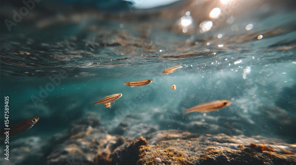 Fototapeta Underwater close-up of small fish swimming in clear water