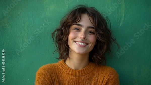 Fototapeta Joyful woman in a cozy sweater and nose ring standing against a vibrant green background, radiating youthful energy and style, Generative AI