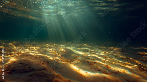 Fototapeta Underwater view with sunlight pattern on sandy bottom