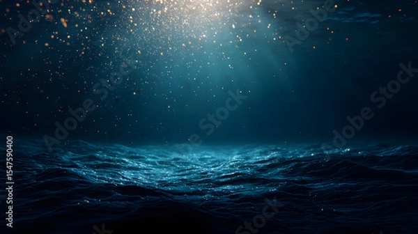 Fototapeta Wide underwater ocean view with floating particles and haze 
