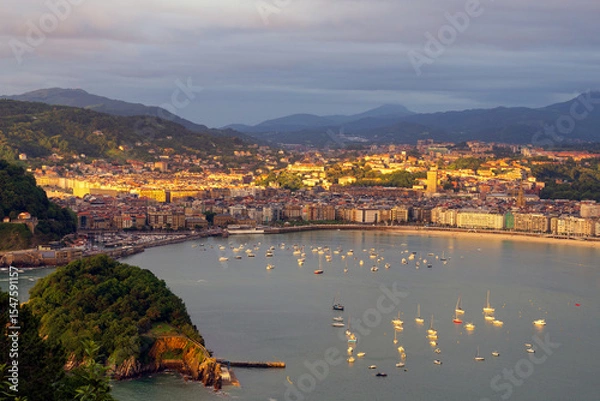 Obraz Aerial view of San Sebastián in Spain during summer sunset.