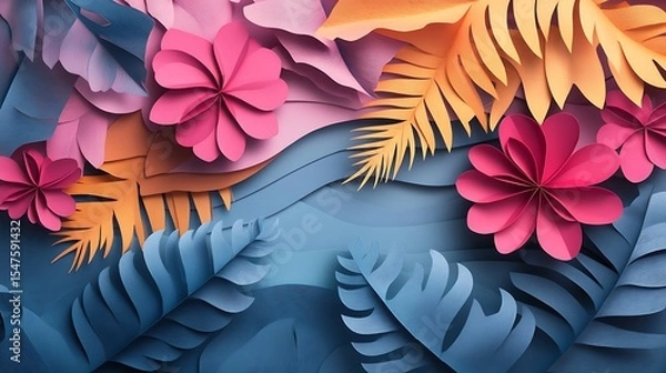 Fototapeta Exotic flowers and leaves in a playful paper cut style ideal for backgrounds and decorative projects