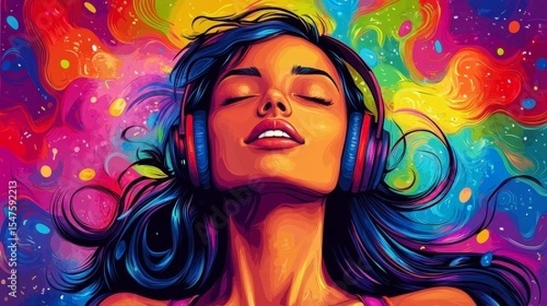 Fototapeta Colorful background with a happy woman listening to music on headphones, enjoying the rhythm and  the joy of sound, Generative AI