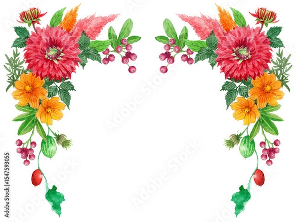 Obraz 水彩で描いた秋の花の上部コーナーフレーム