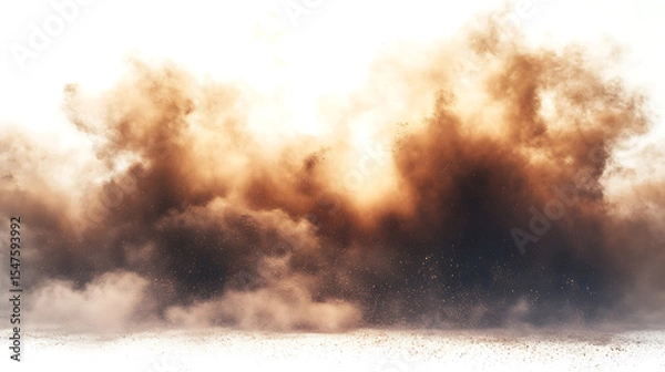 Fototapeta Explosive brown dust cloud isolated on white background dynamic sandstorm particle blast special effect moody texture