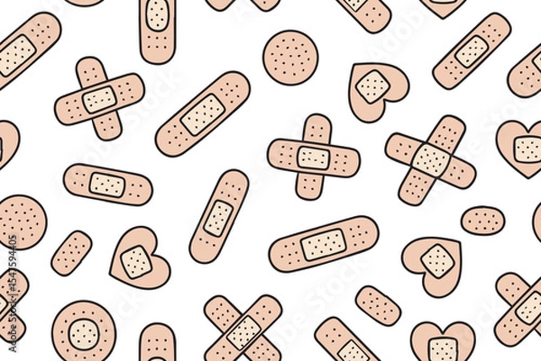 Fototapeta Seamless pattern of medical plasters in doodle style. Bandage for treating small skin cuts, postoperative sutures, skin damage and wounds. Vector