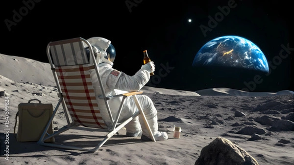 Fototapeta Astronaut relaxing on moon with beer earth view space exploration lunar surface travel vacation astronautics