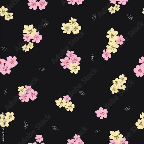 Fototapeta Seamless floral pattern with pink and yellow florals blossoms on black background for elegant textile and surface design



